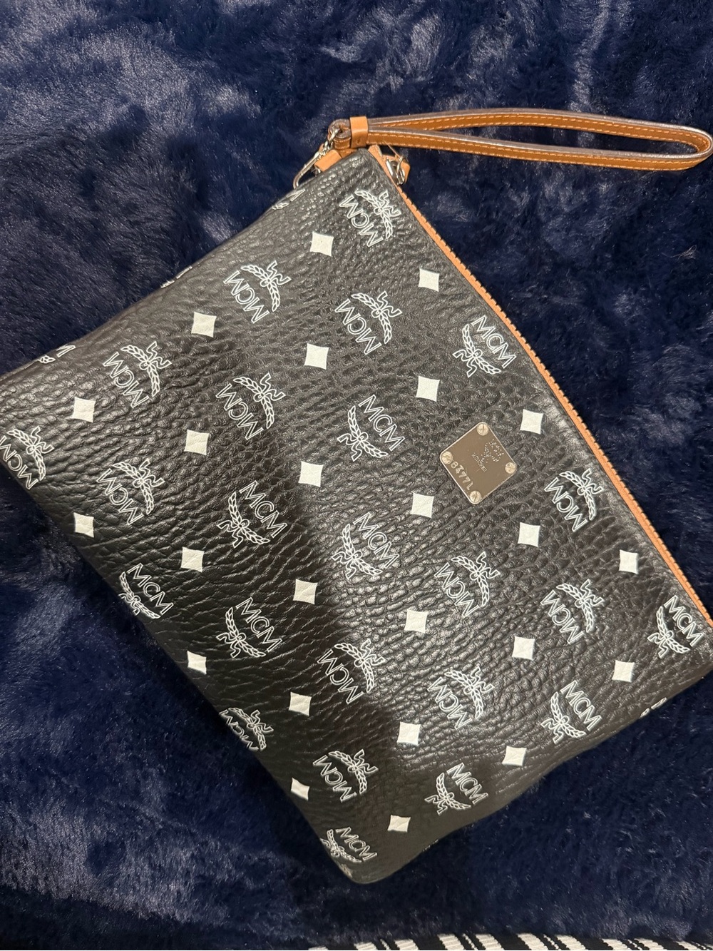 MCM Black & White Logo Zip Wristlet with Brown Strap